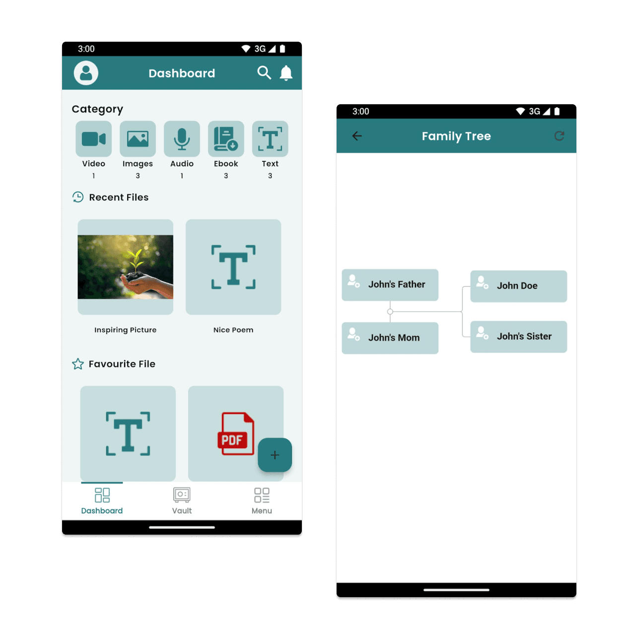 GenoStories app: media dashboard and encrypted vault screens