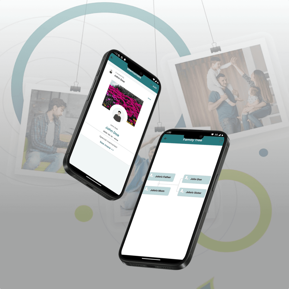 GenoStories app: memorials and interactive family tree screens