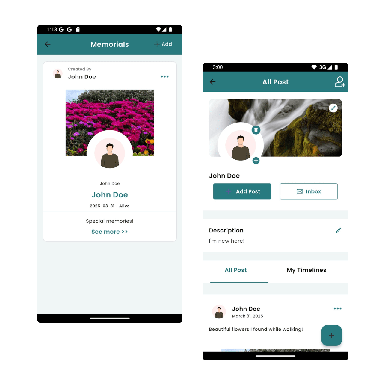 GenoStories app: profile and shared timeline screens