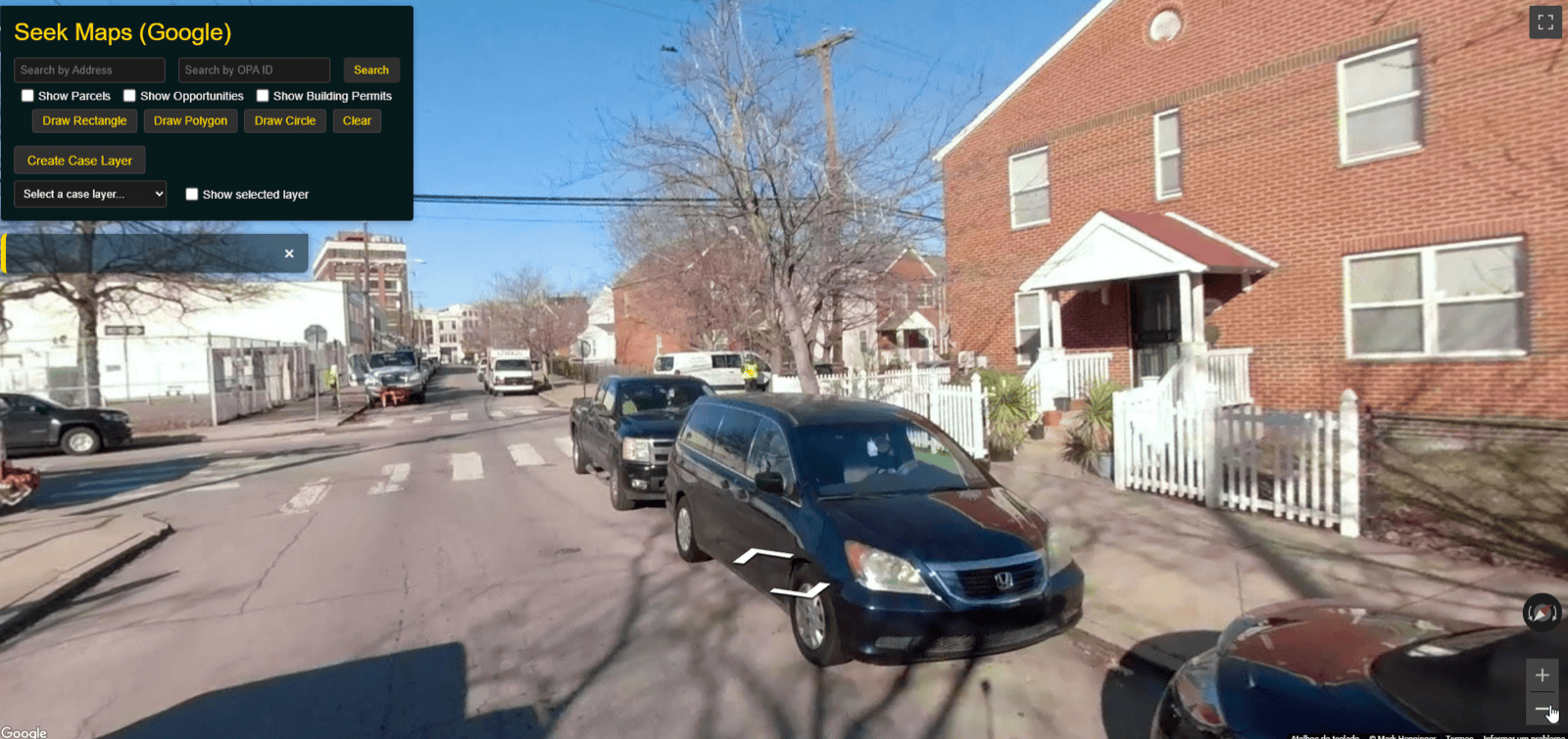 Seek Maps: Google Street View panorama of a property opened inside the tool