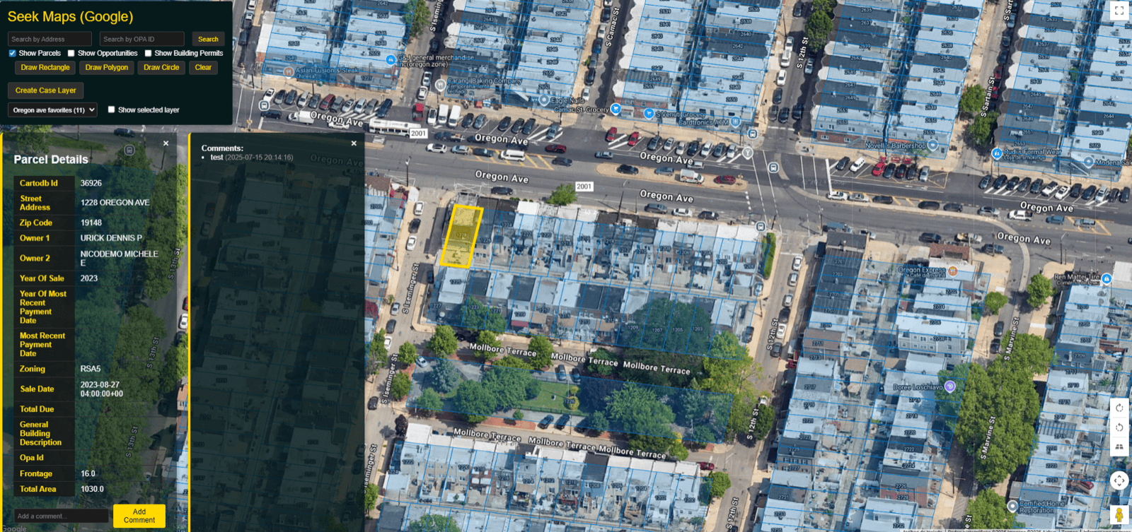 Seek Maps: parcel details panel with ownership, zoning and sale data, plus an analyst comment thread