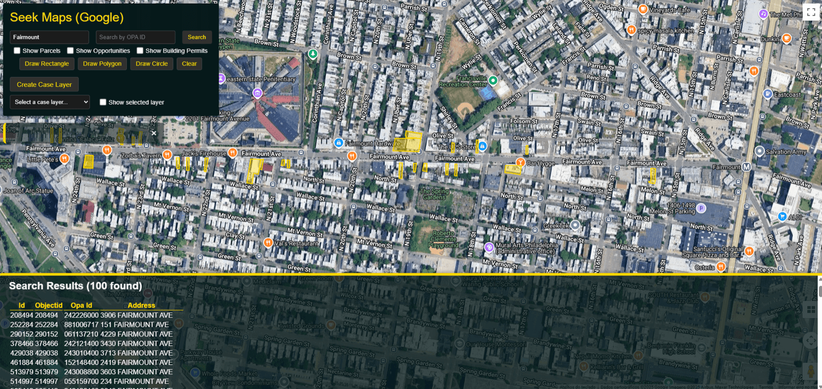 Seek Maps: searching parcels by address, with a results table of matches