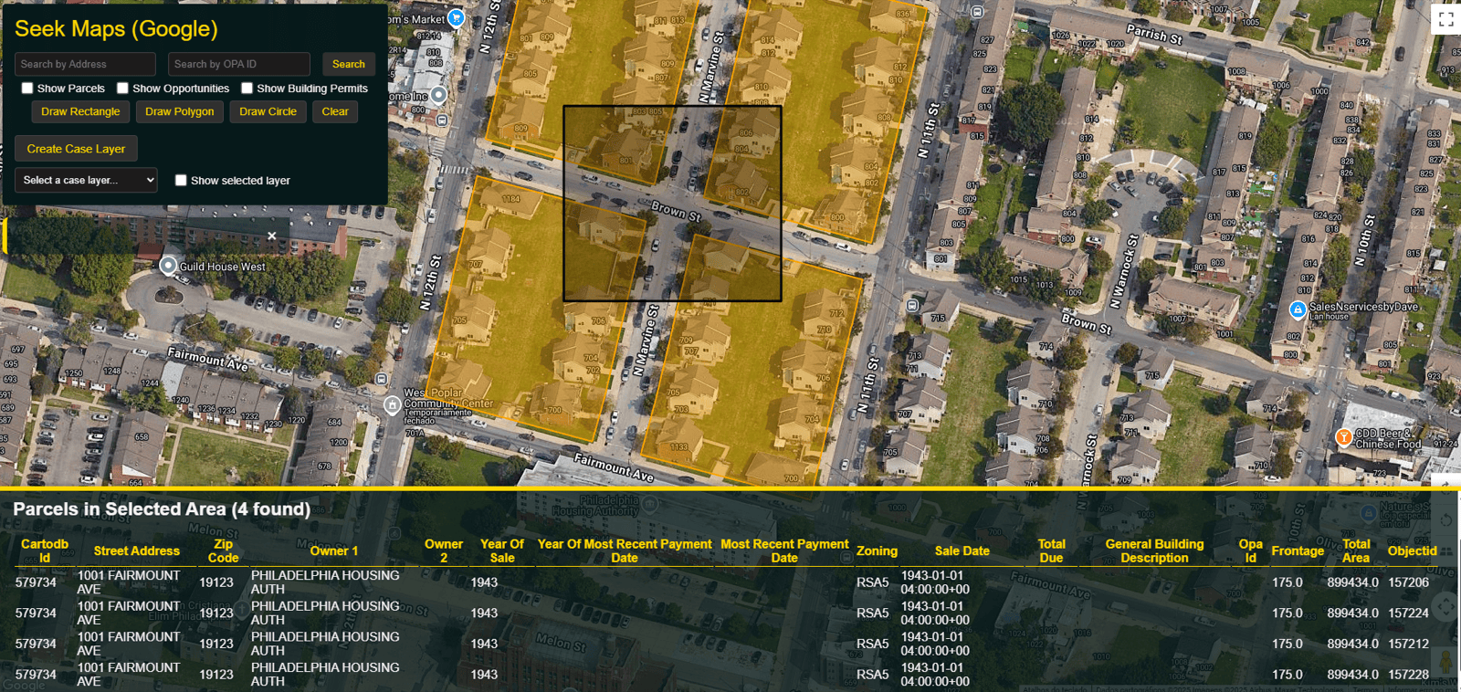 Seek Maps: rectangle selection tool highlighting parcels, with a results table beneath