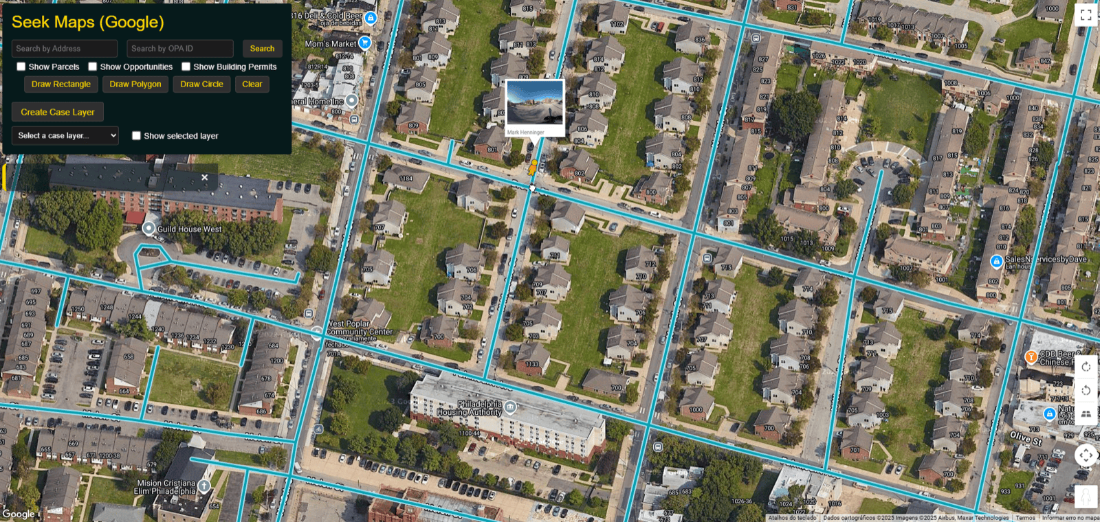 Seek Maps: Google Street View coverage overlaid on the parcel map