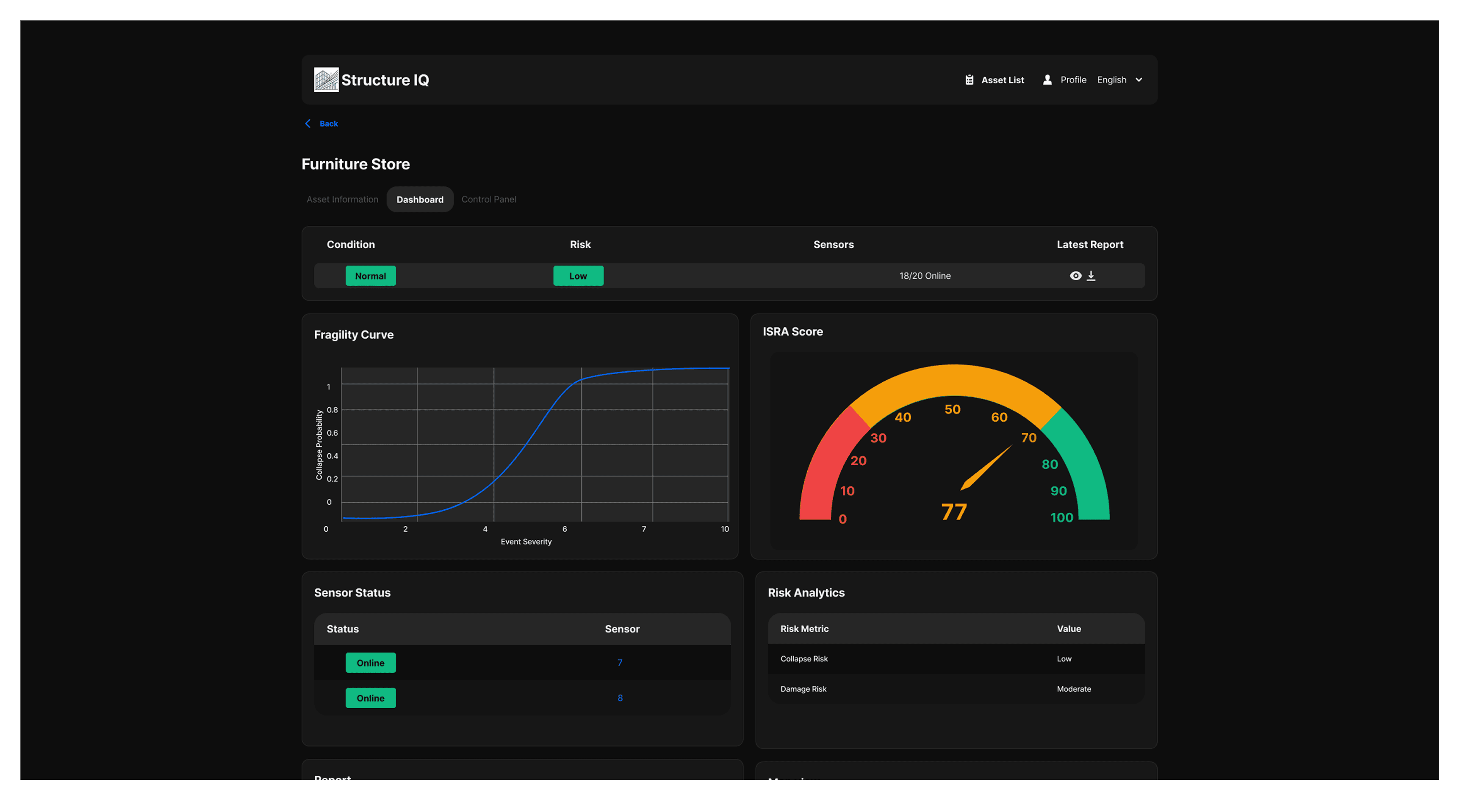 StructureIQ owner dashboard with health score and risk analytics