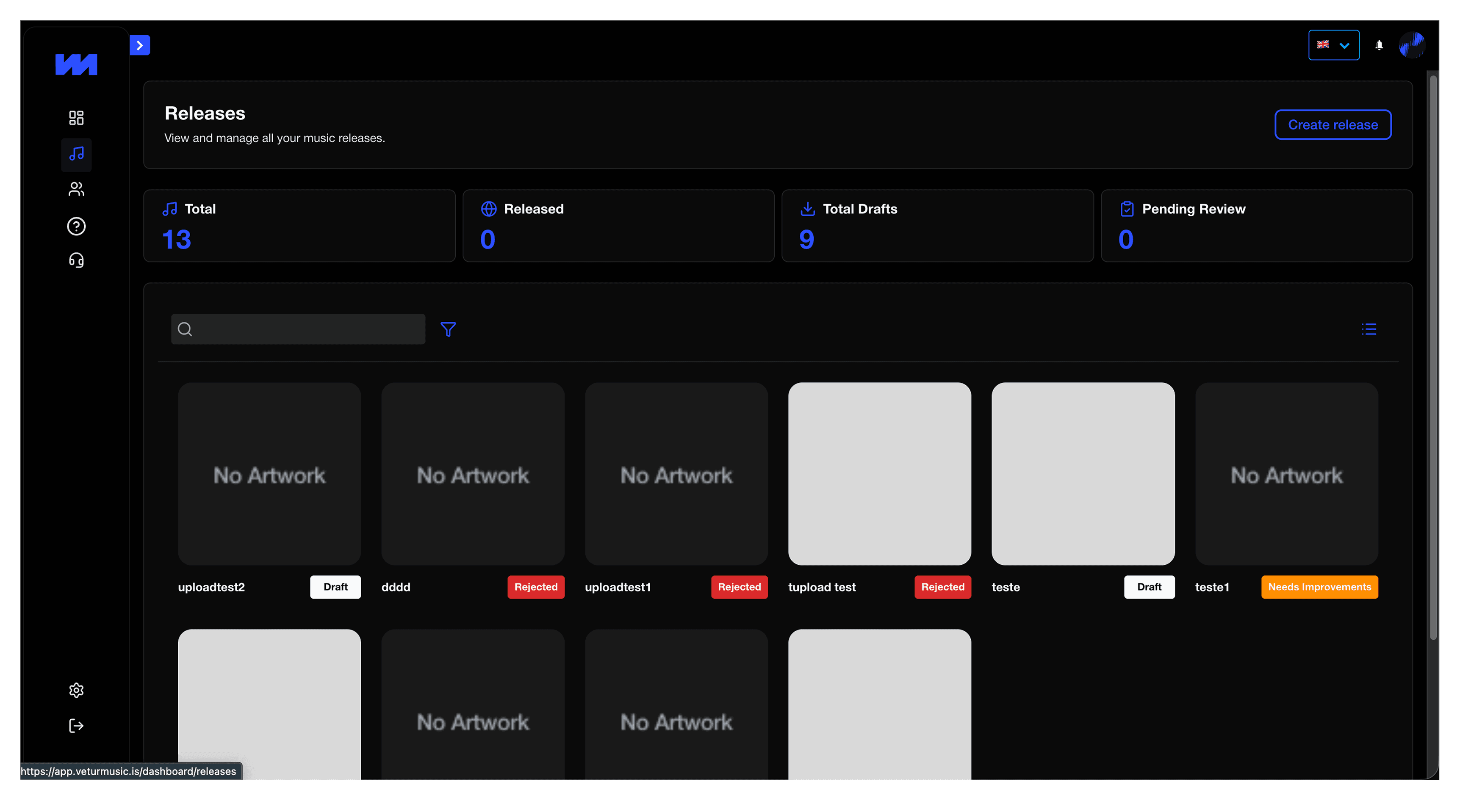 Vetur Music releases management view